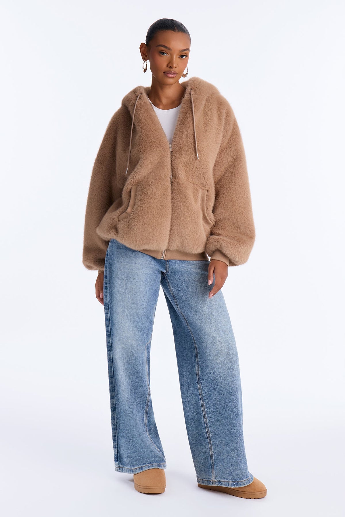 Jessie Oversized Faux Fur Hooded Bomber Jacket - Taupe