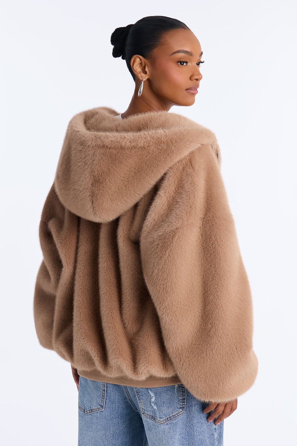 Jessie Oversized Faux Fur Hooded Bomber Jacket - Taupe