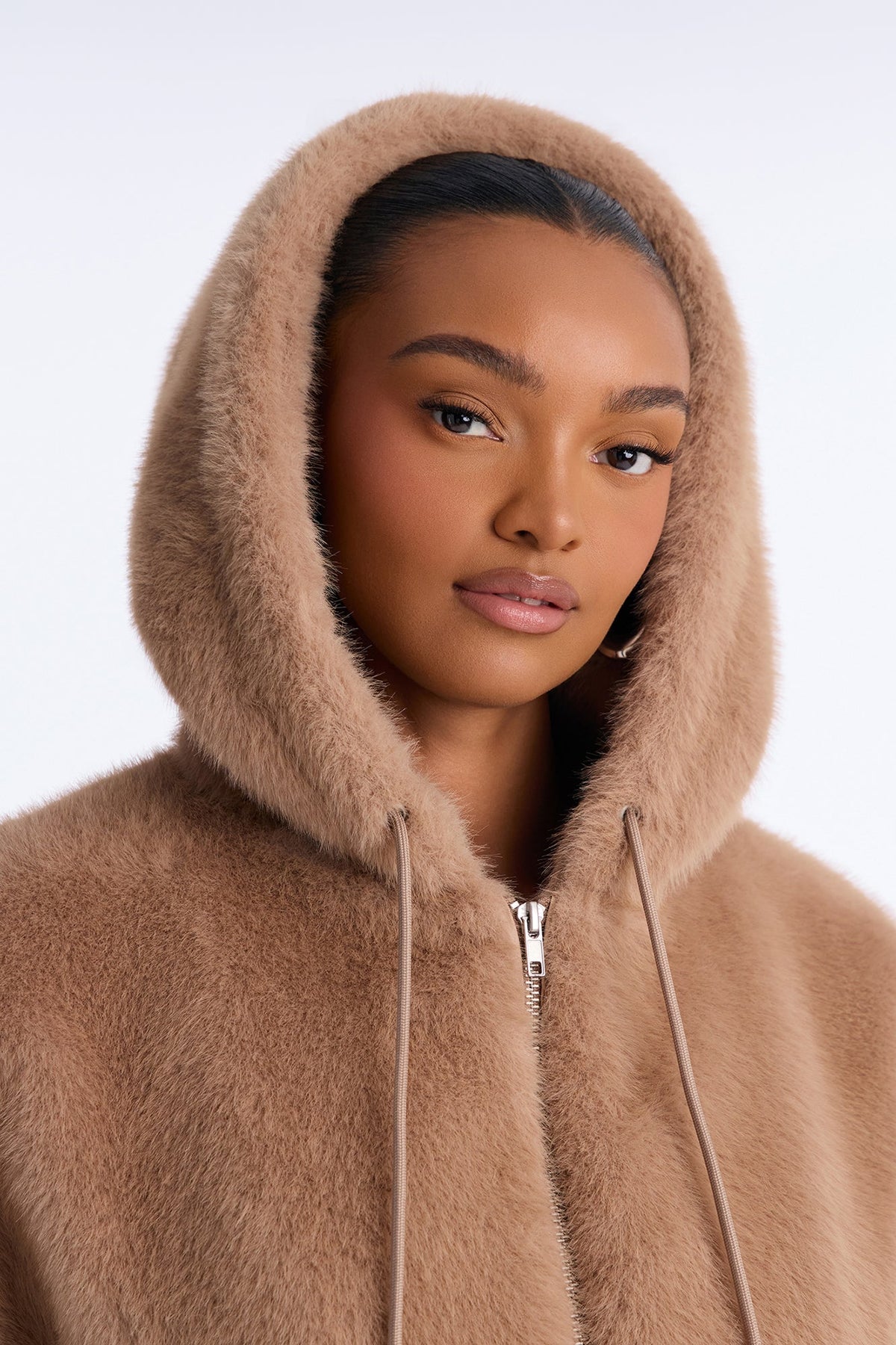 Jessie Oversized Faux Fur Hooded Bomber Jacket - Taupe