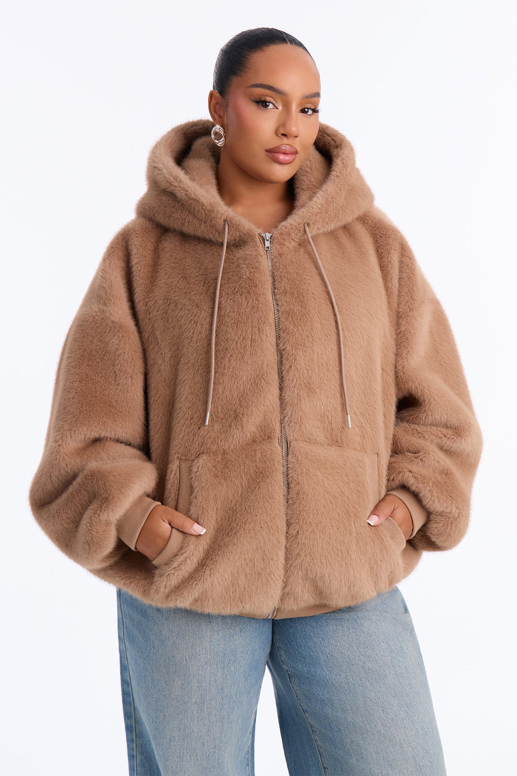 Jessie Oversized Faux Fur Hooded Bomber Jacket - Taupe