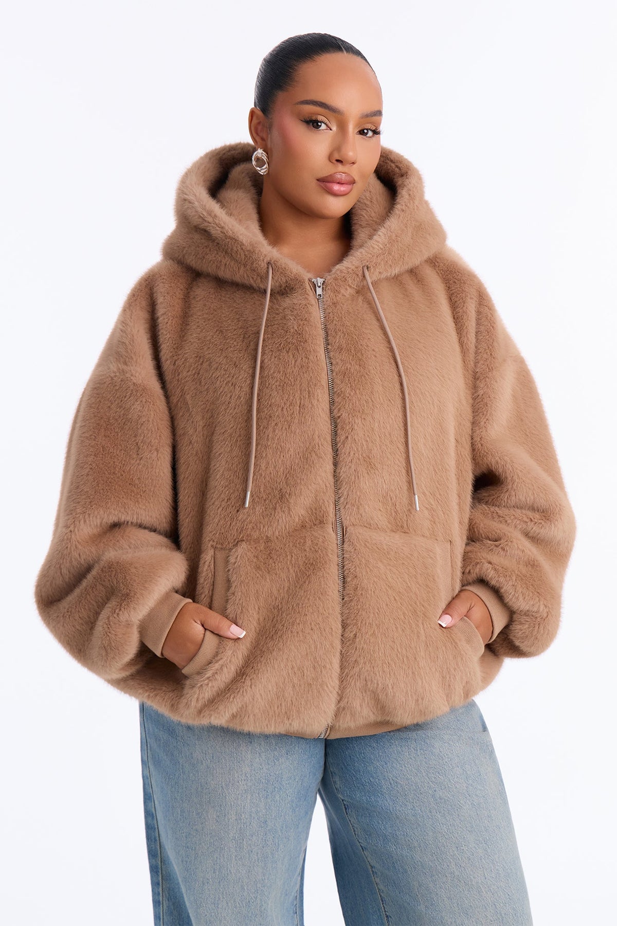 Jessie Oversized Faux Fur Hooded Bomber Jacket - Taupe