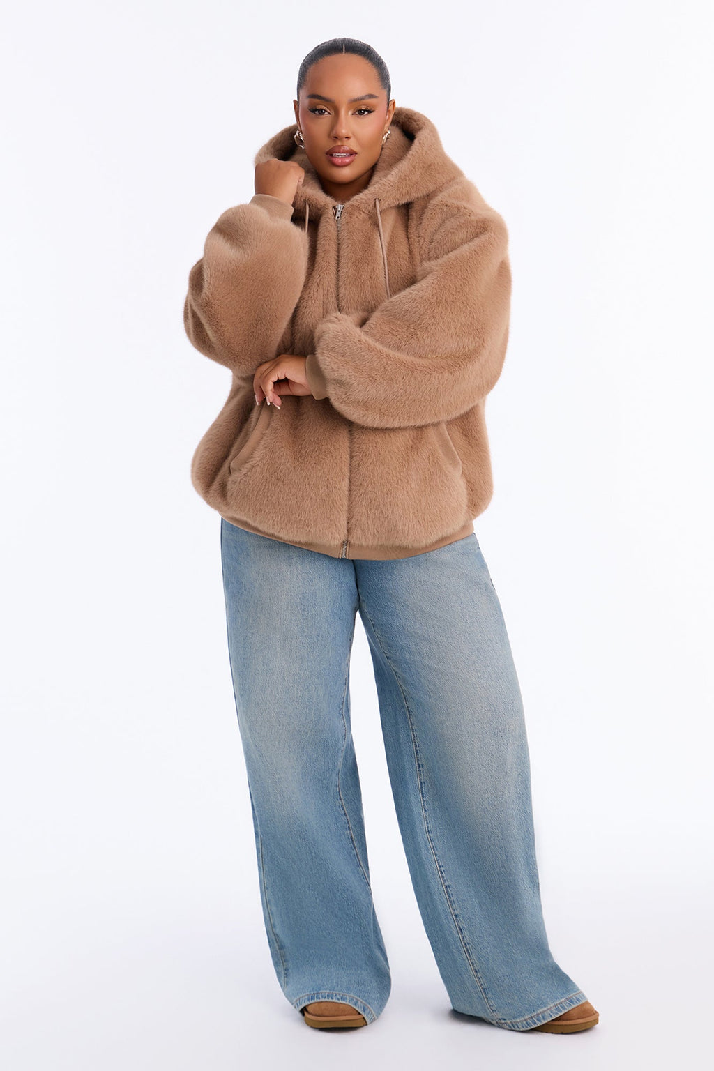 Jessie Oversized Faux Fur Hooded Bomber Jacket - Taupe