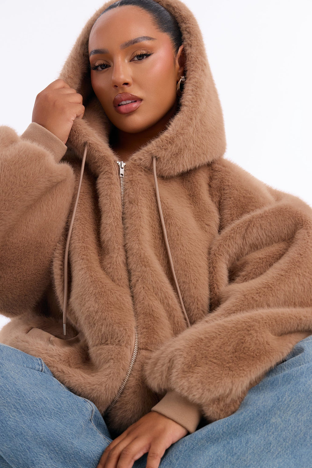 Jessie Oversized Faux Fur Hooded Bomber Jacket - Taupe