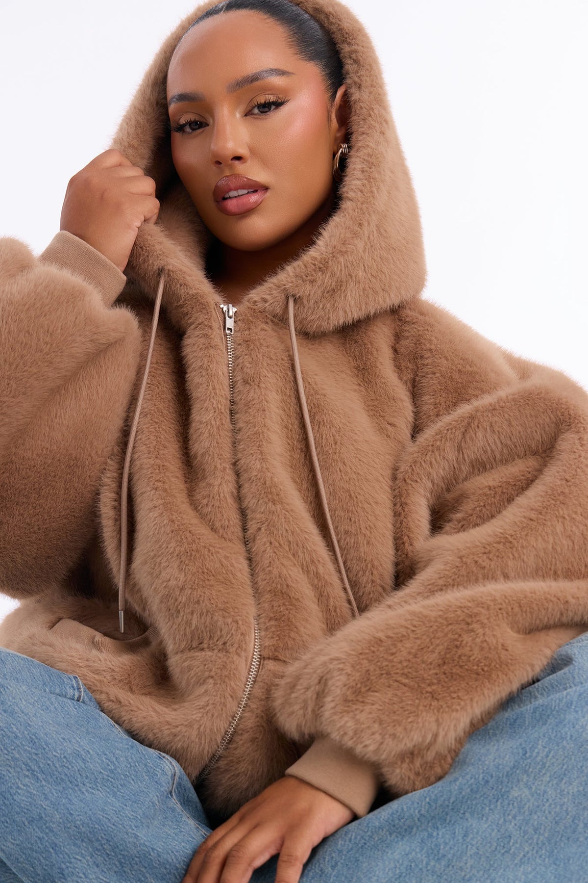 Jessie Oversized Faux Fur Hooded Bomber Jacket - Taupe