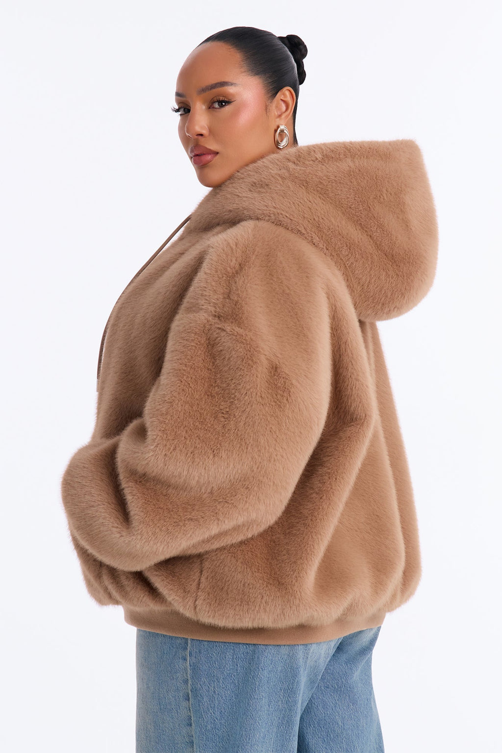 Jessie Oversized Faux Fur Hooded Bomber Jacket - Taupe