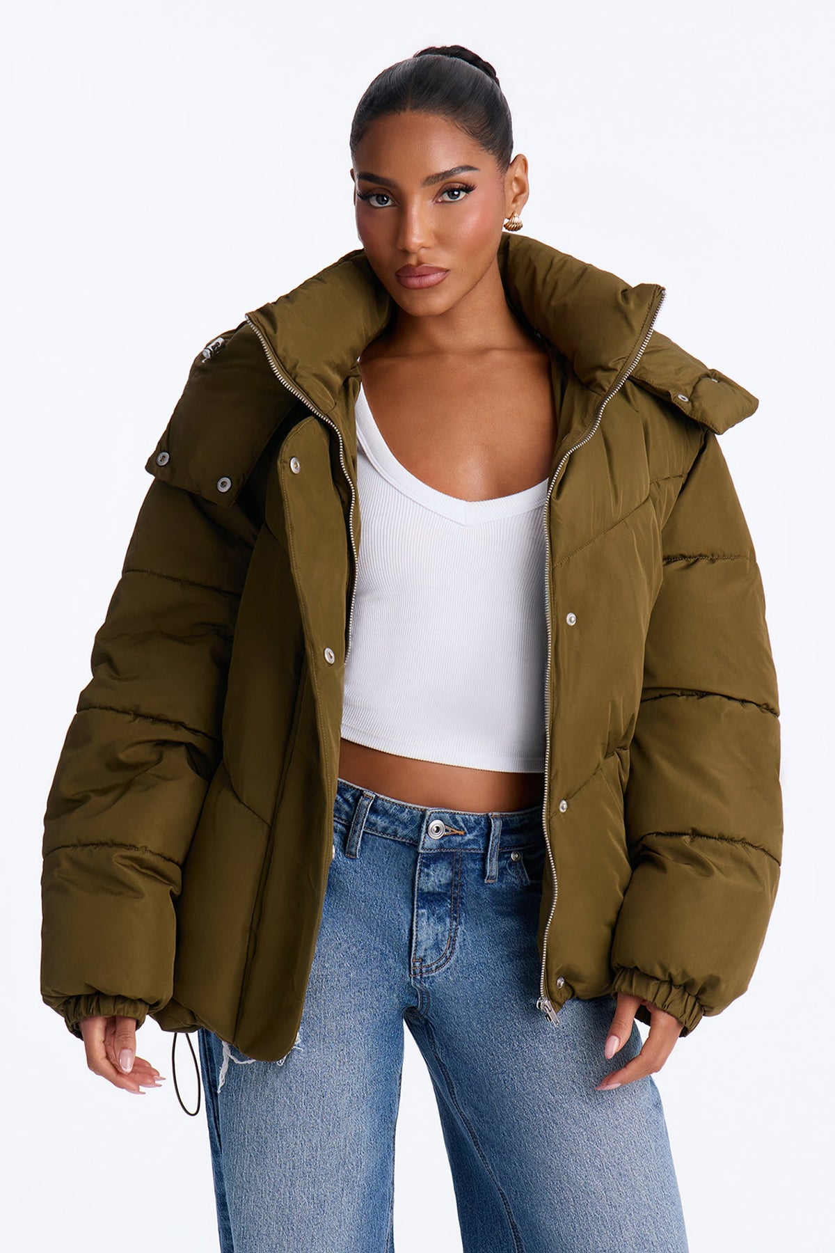Winter Ready Nylon Blend Removable Hooded Puffer Jacket - Olive