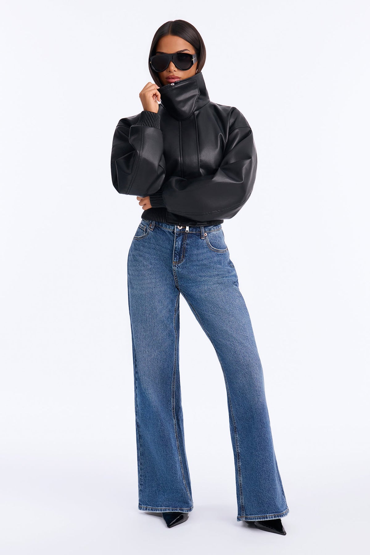 Can't Move On Faux Leather Funnel Neck Bomber Jacket - Black