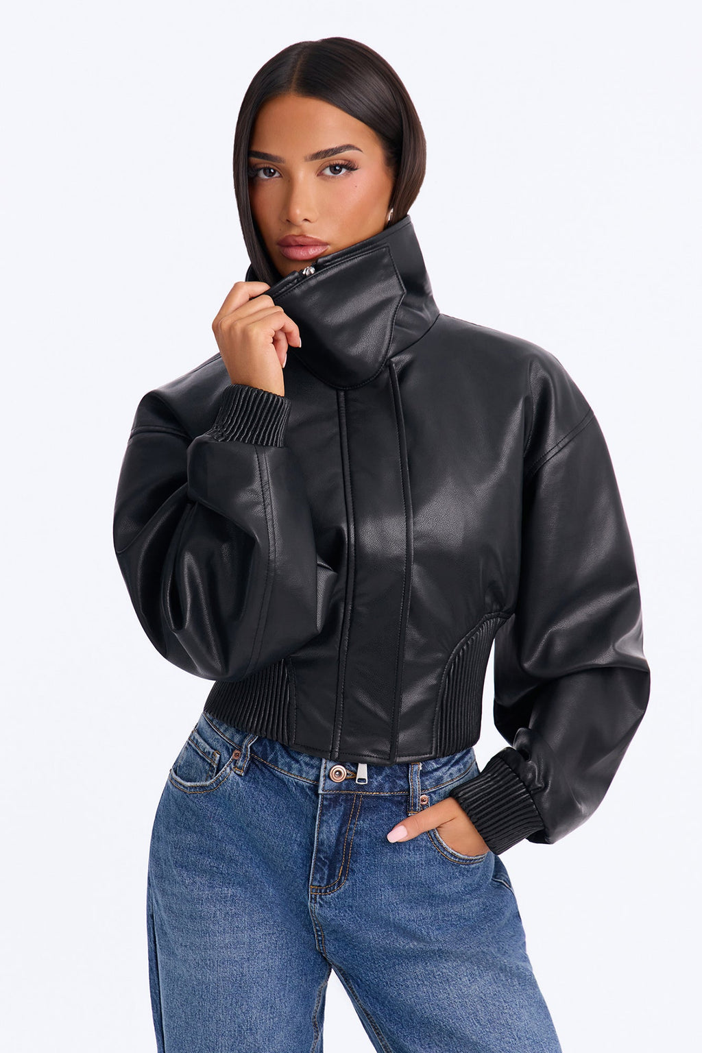 Can't Move On Faux Leather Funnel Neck Bomber Jacket - Black