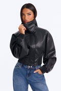 Can't Move On Faux Leather Funnel Neck Bomber Jacket - Black