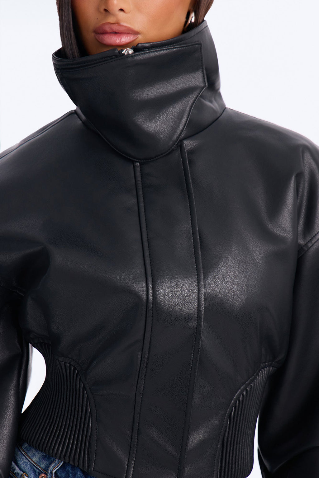Can't Move On Faux Leather Funnel Neck Bomber Jacket - Black