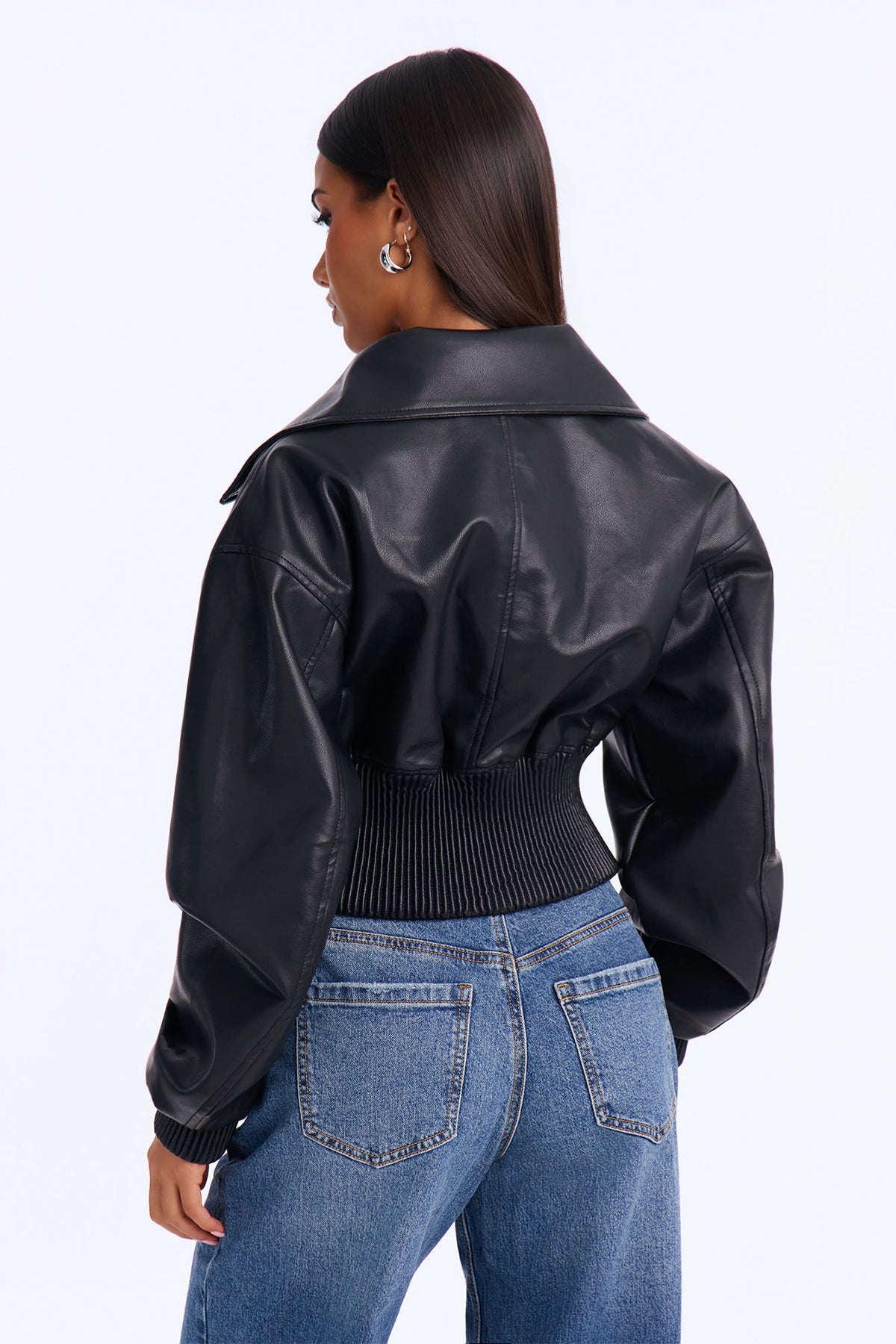 Can't Move On Faux Leather Funnel Neck Bomber Jacket - Black