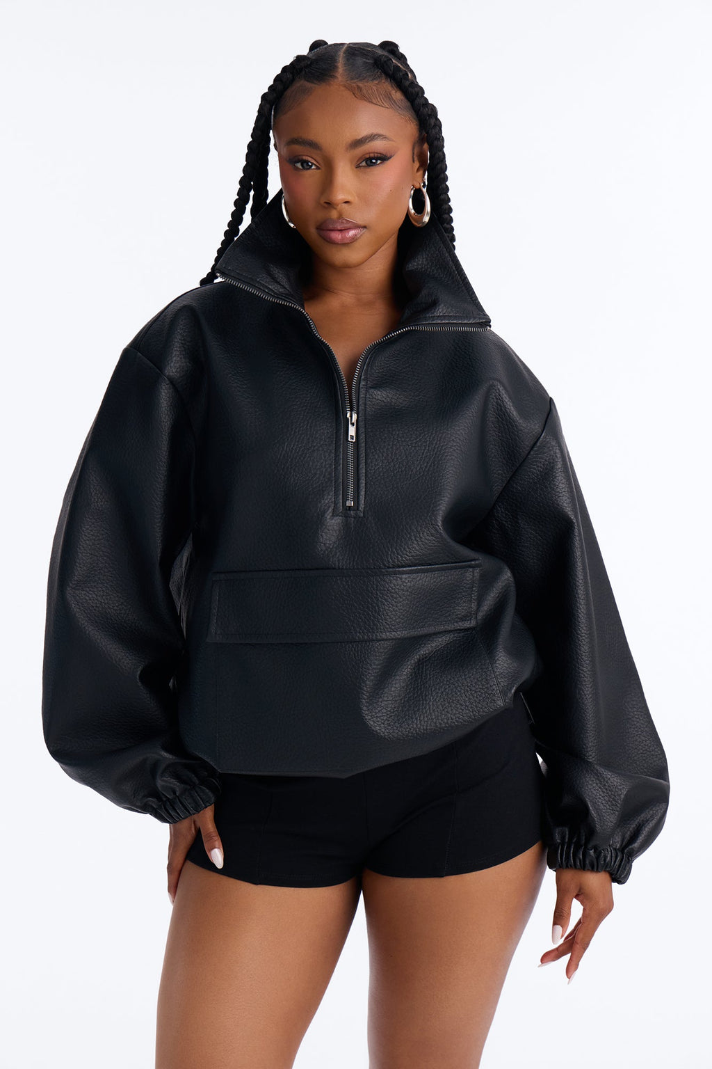 Run The Streets Half Zip Faux Leather Pullover - Black