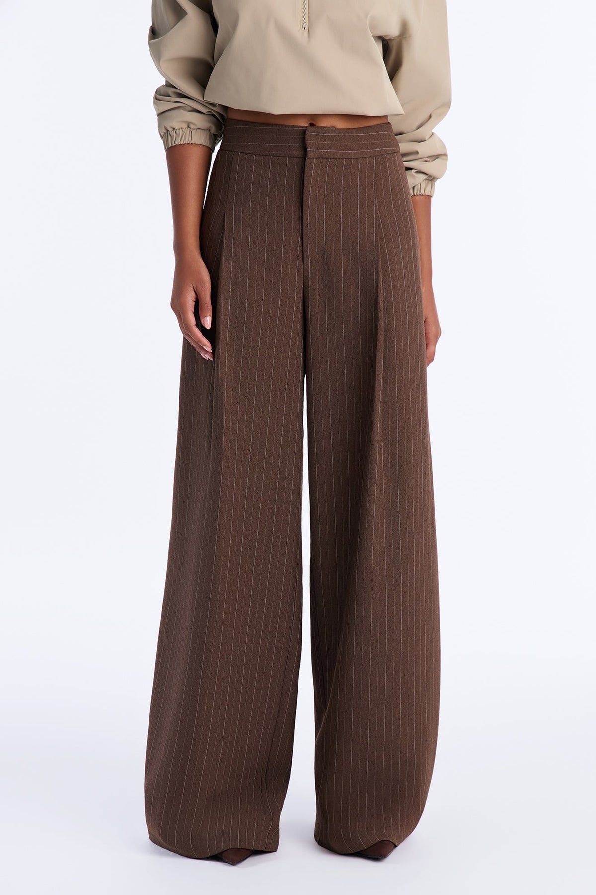 Melanie Button Wrap Pinstripe Trouser - Brown/combo