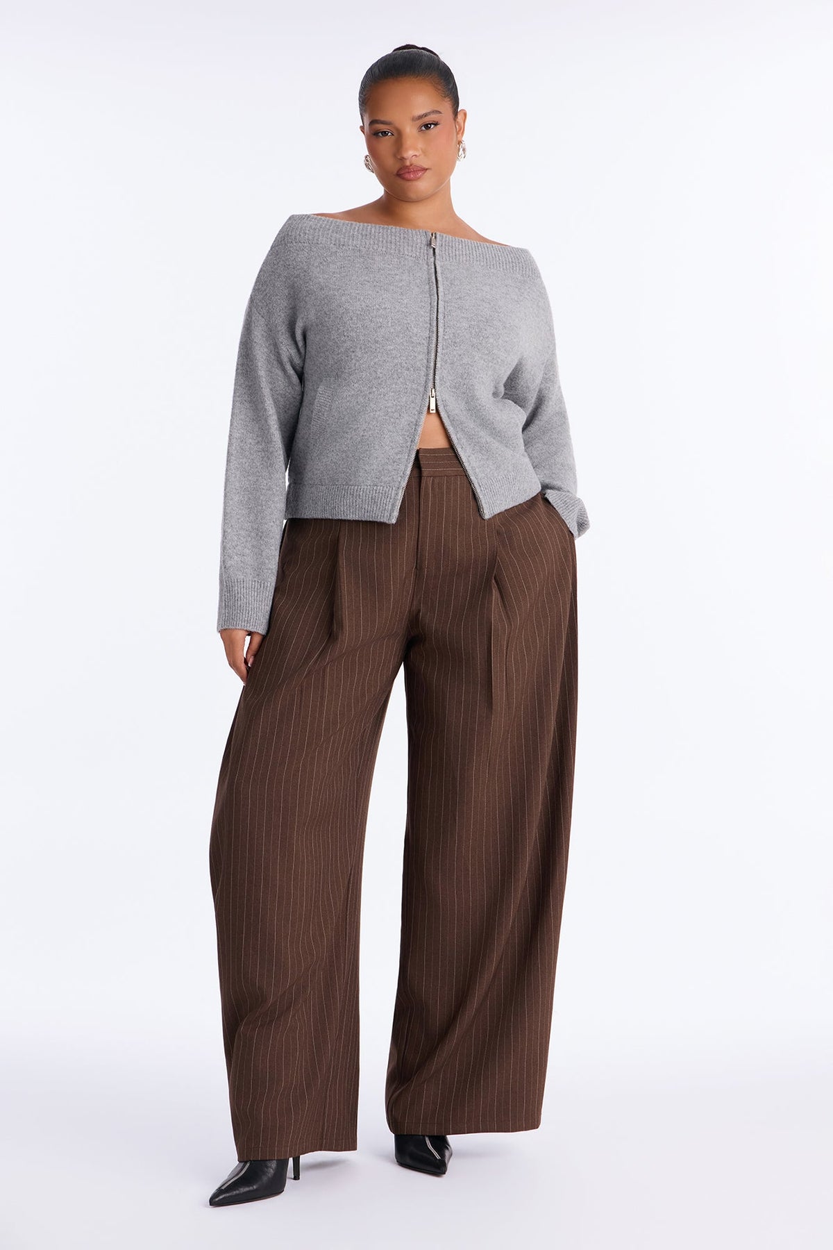 Melanie Button Wrap Pinstripe Trouser - Brown/combo