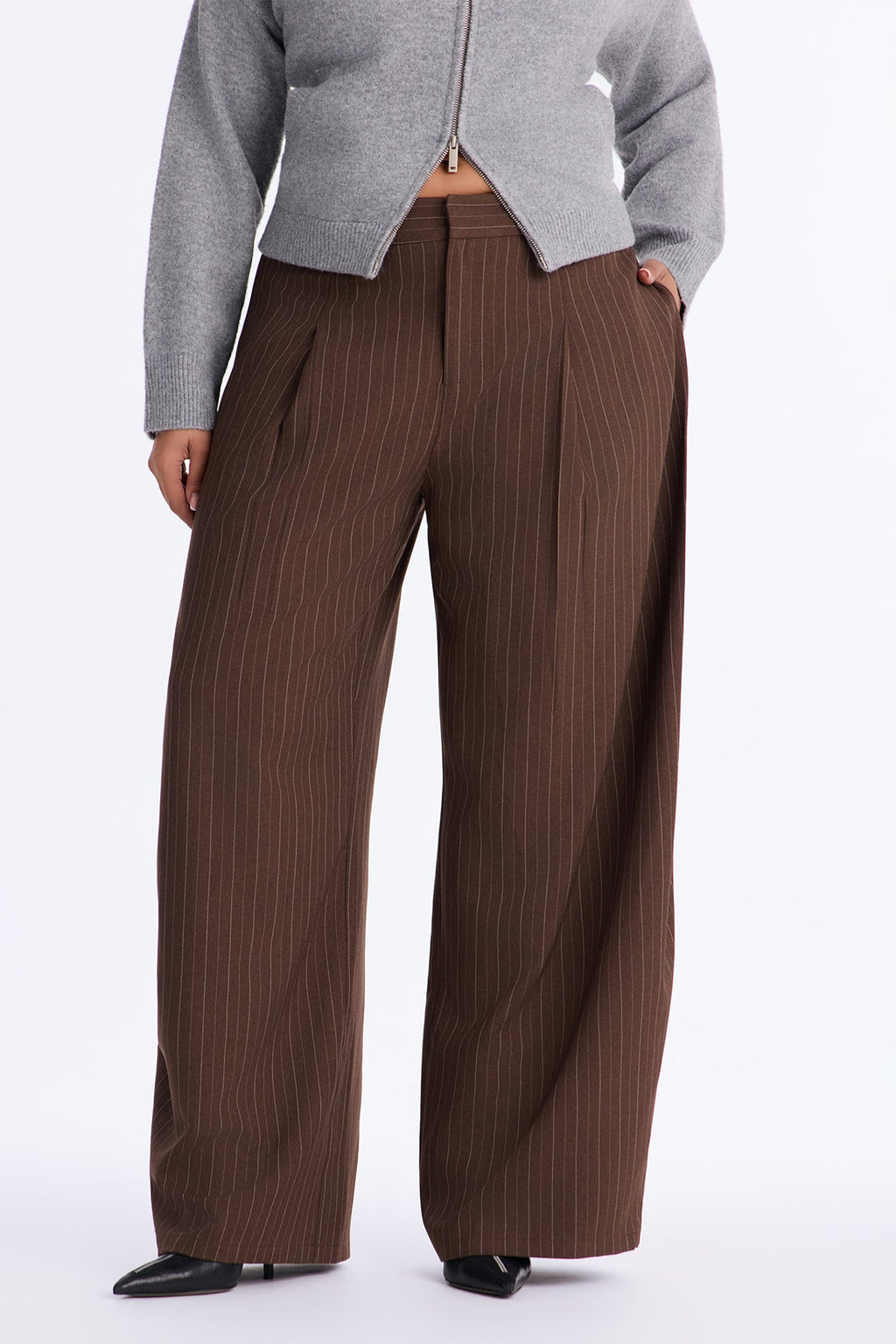 Melanie Button Wrap Pinstripe Trouser - Brown/combo