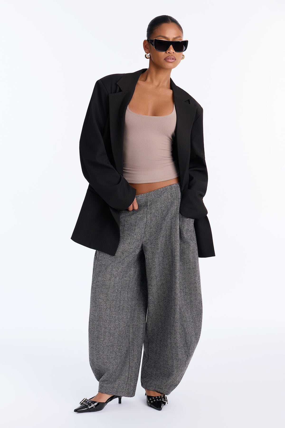Harper Chevron Wool Blend Balloon Trouser Pant - Charcoal