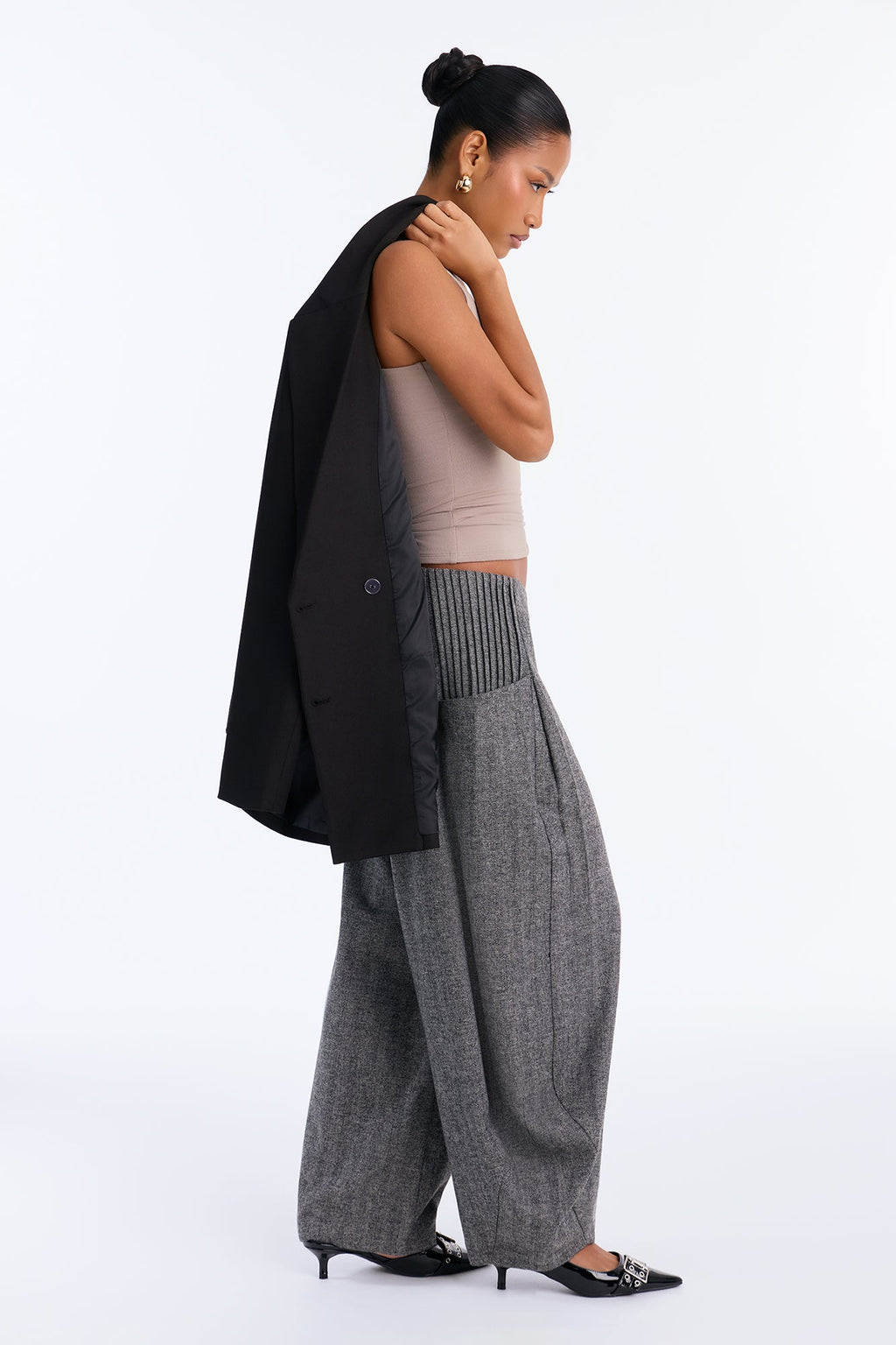 Harper Chevron Wool Blend Balloon Trouser Pant - Charcoal