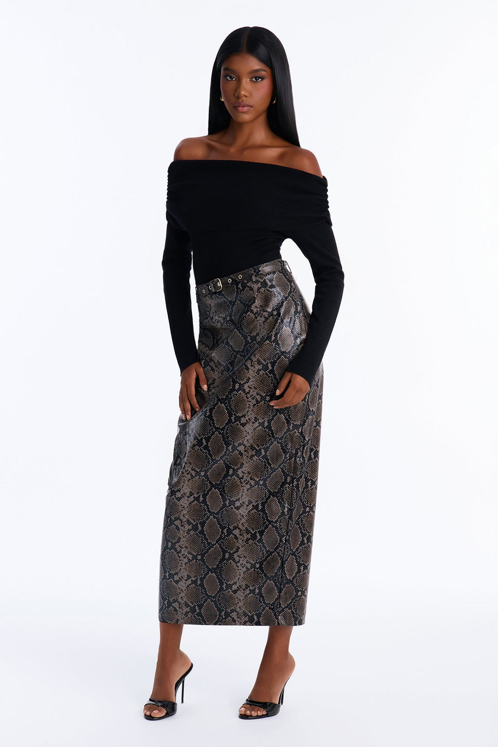 Camille Croc Faux Leather Maxi Skirt - Grey/combo