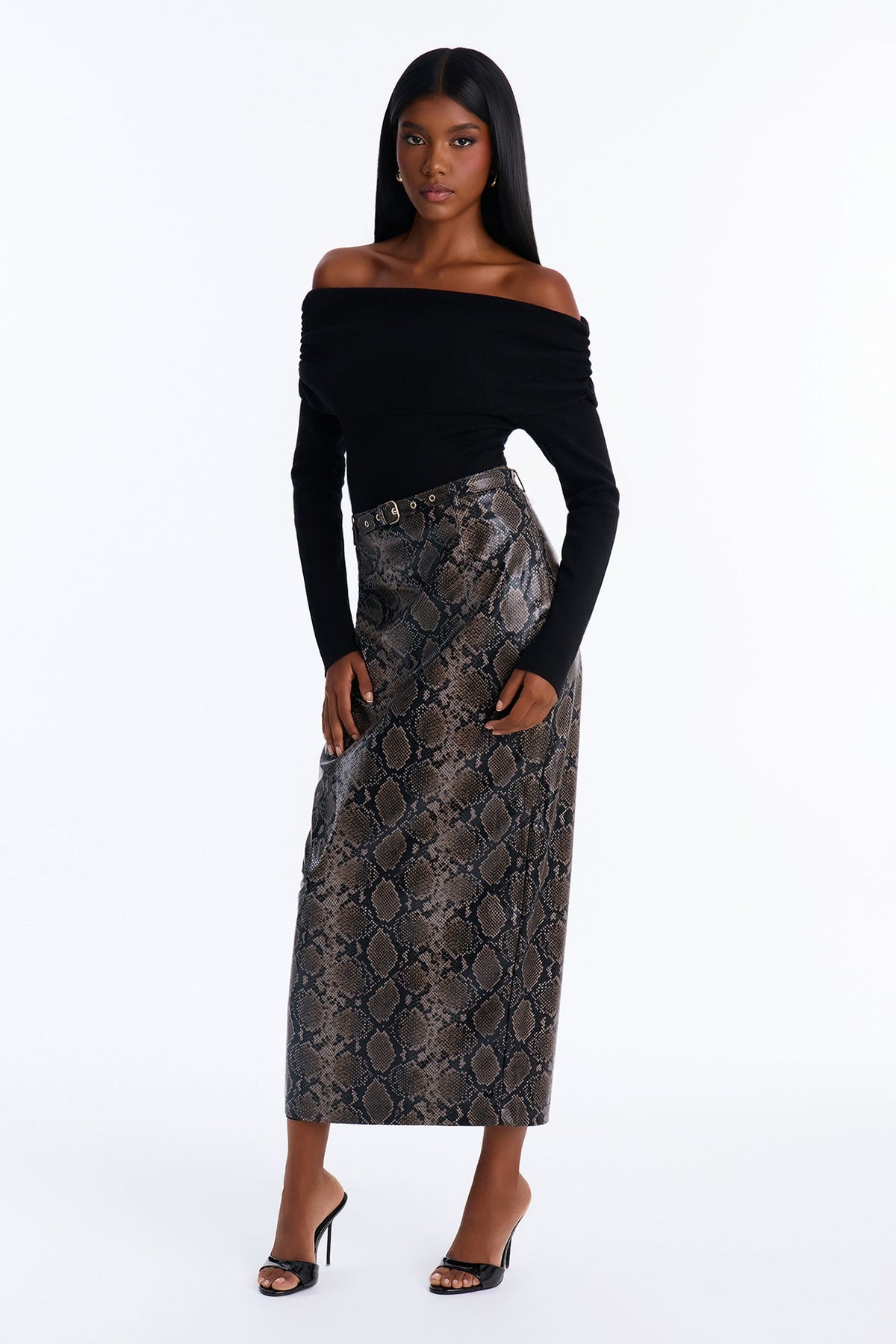 Camille Croc Faux Leather Maxi Skirt - Grey/combo