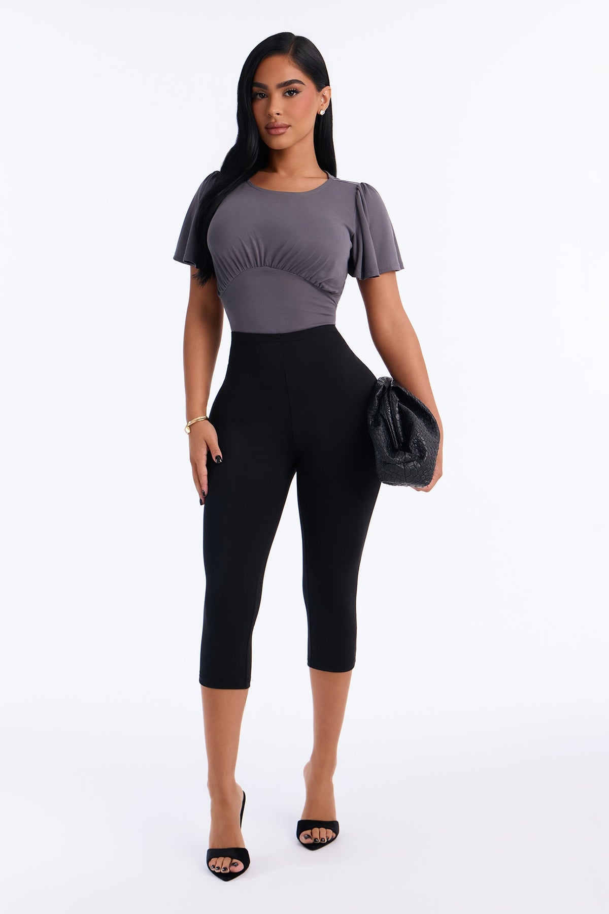 Casual And Cute Ruched Short Sleeve Bodysuit - Charcoal