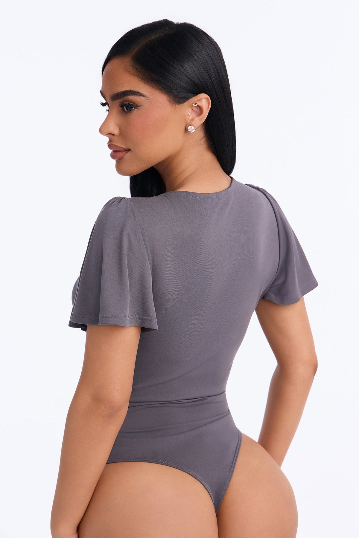 Casual And Cute Ruched Short Sleeve Bodysuit - Charcoal