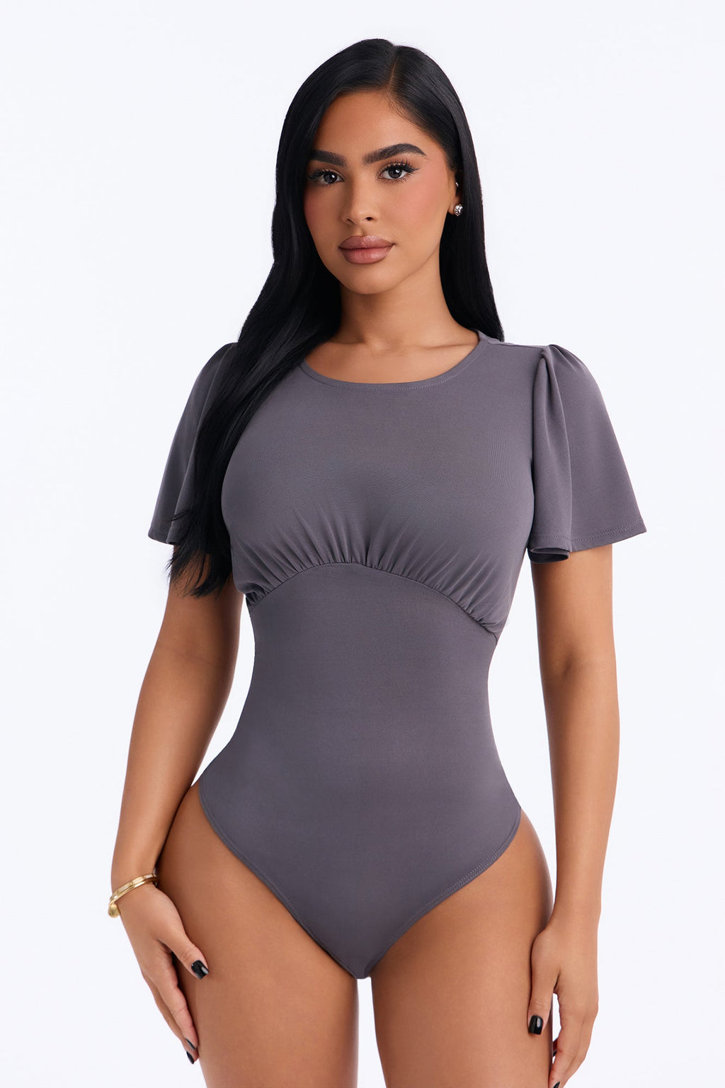 Casual And Cute Ruched Short Sleeve Bodysuit - Charcoal