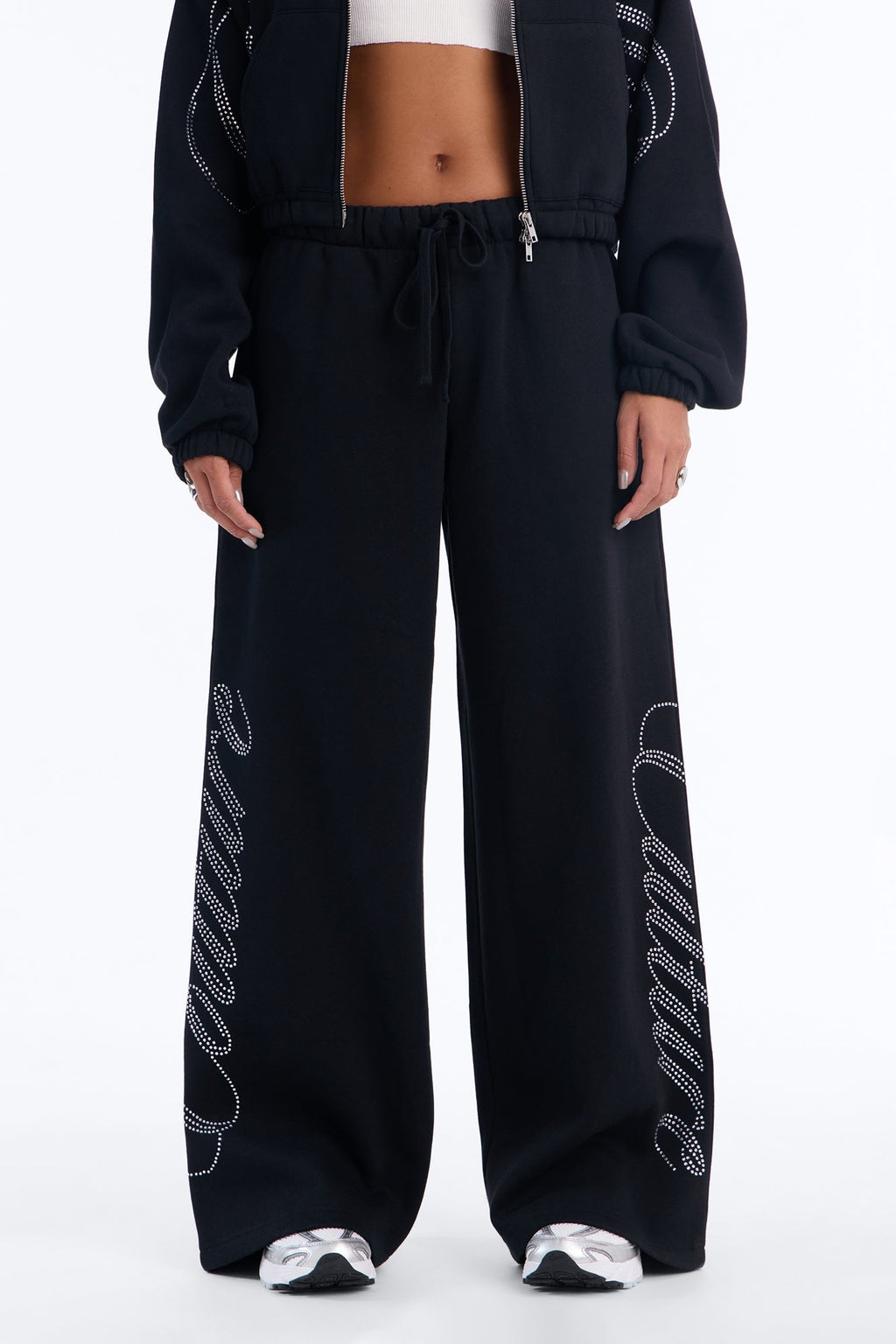 Couture Culture Rhinestone Wide Leg Sweatpants - Black