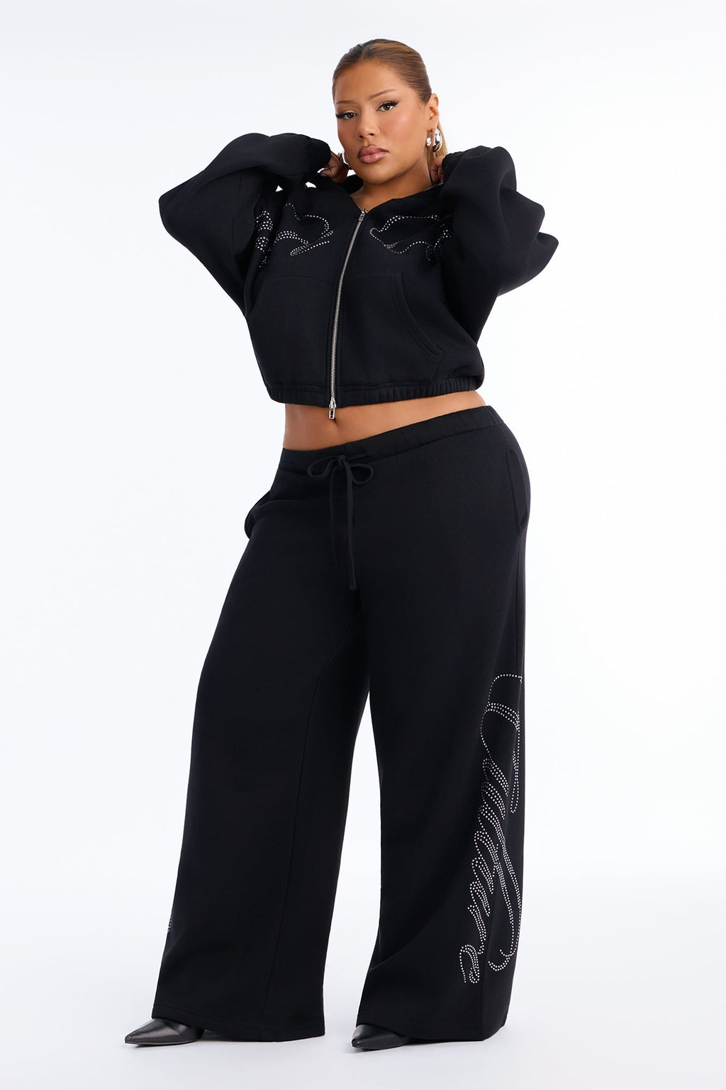 Couture Culture Rhinestone Wide Leg Sweatpants - Black