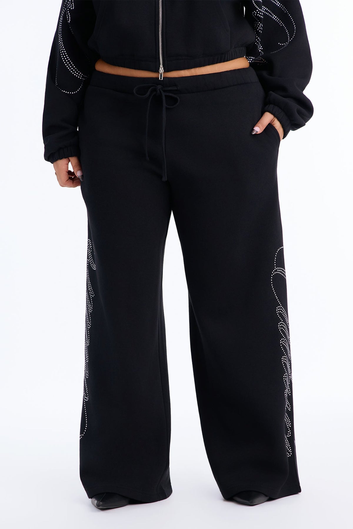 Couture Culture Rhinestone Wide Leg Sweatpants - Black
