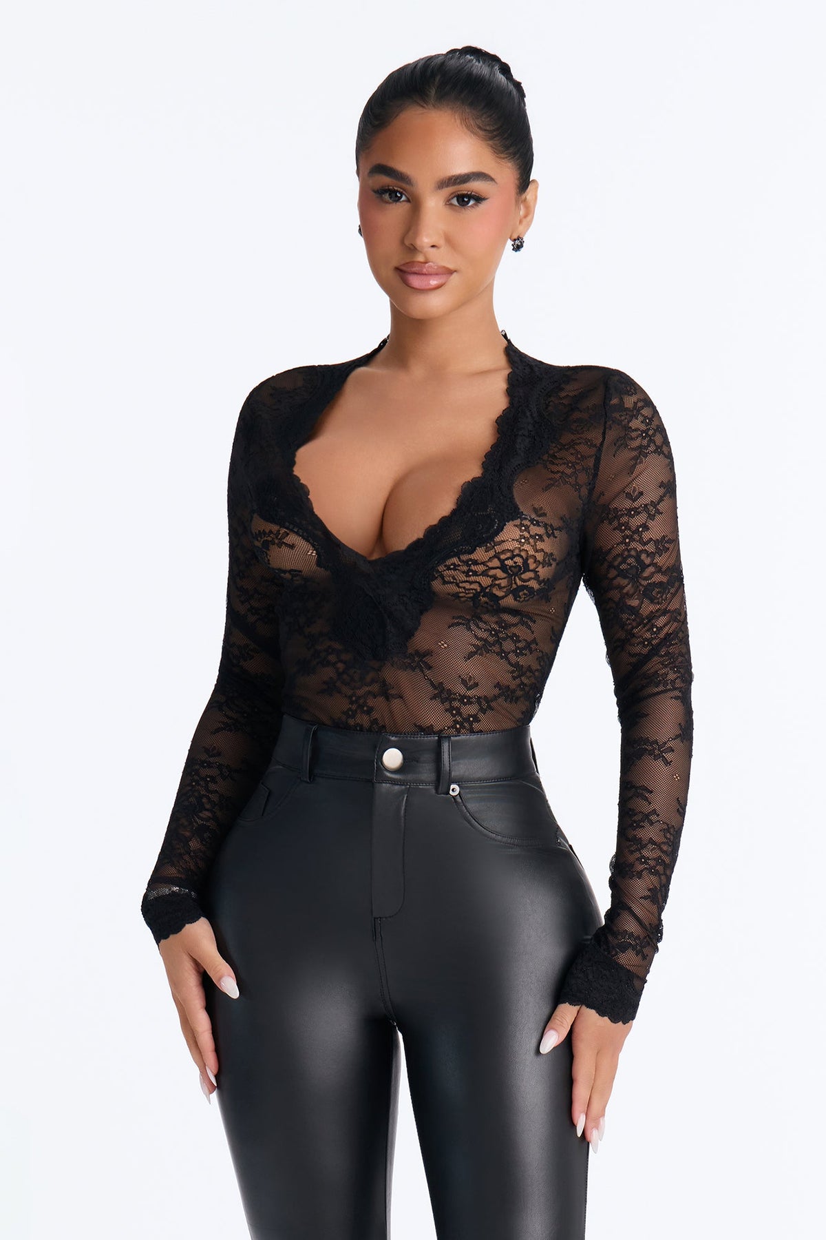 Hidden Desire Sheer Lace Long Sleeve Bodysuit - Black