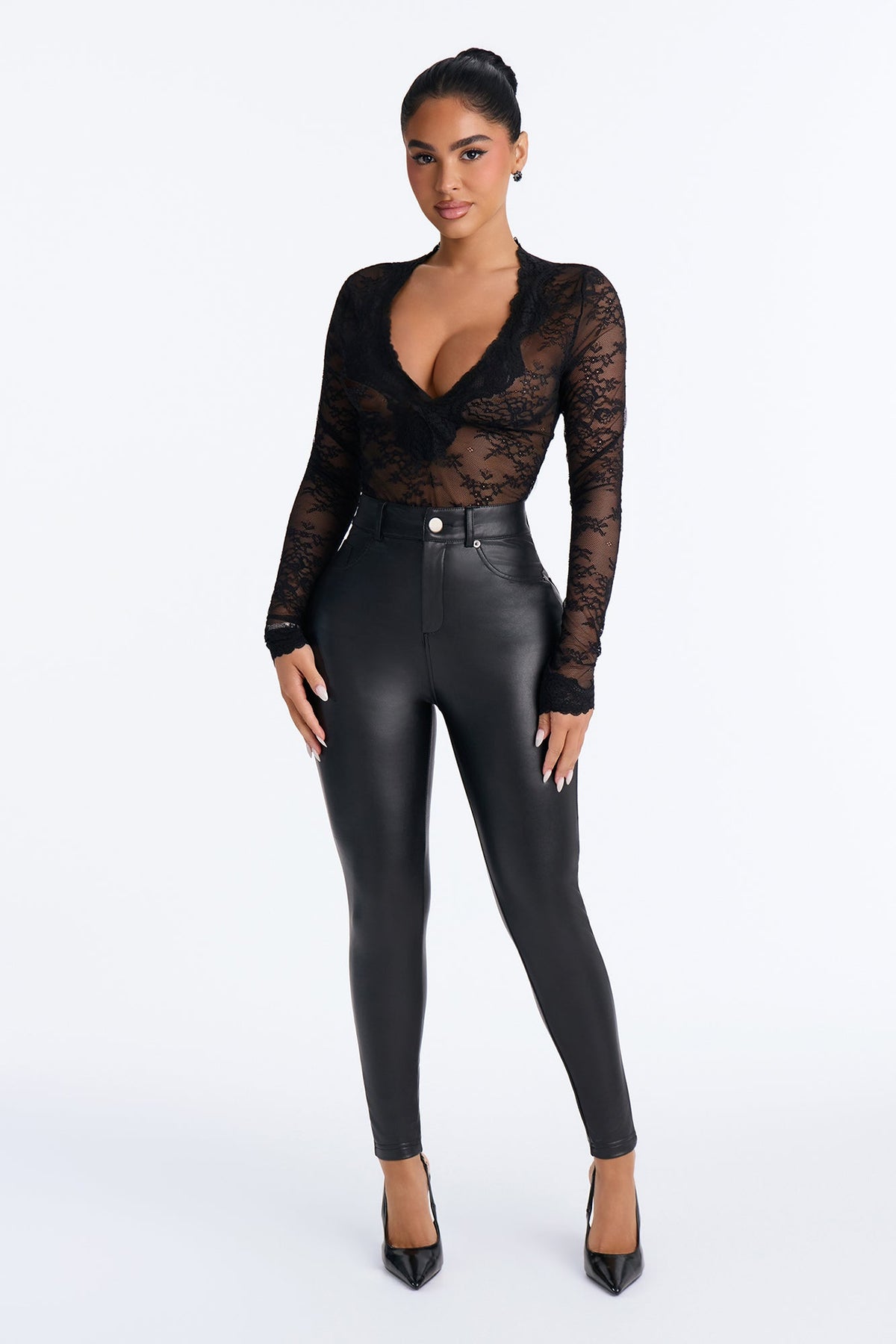 Hidden Desire Sheer Lace Long Sleeve Bodysuit - Black