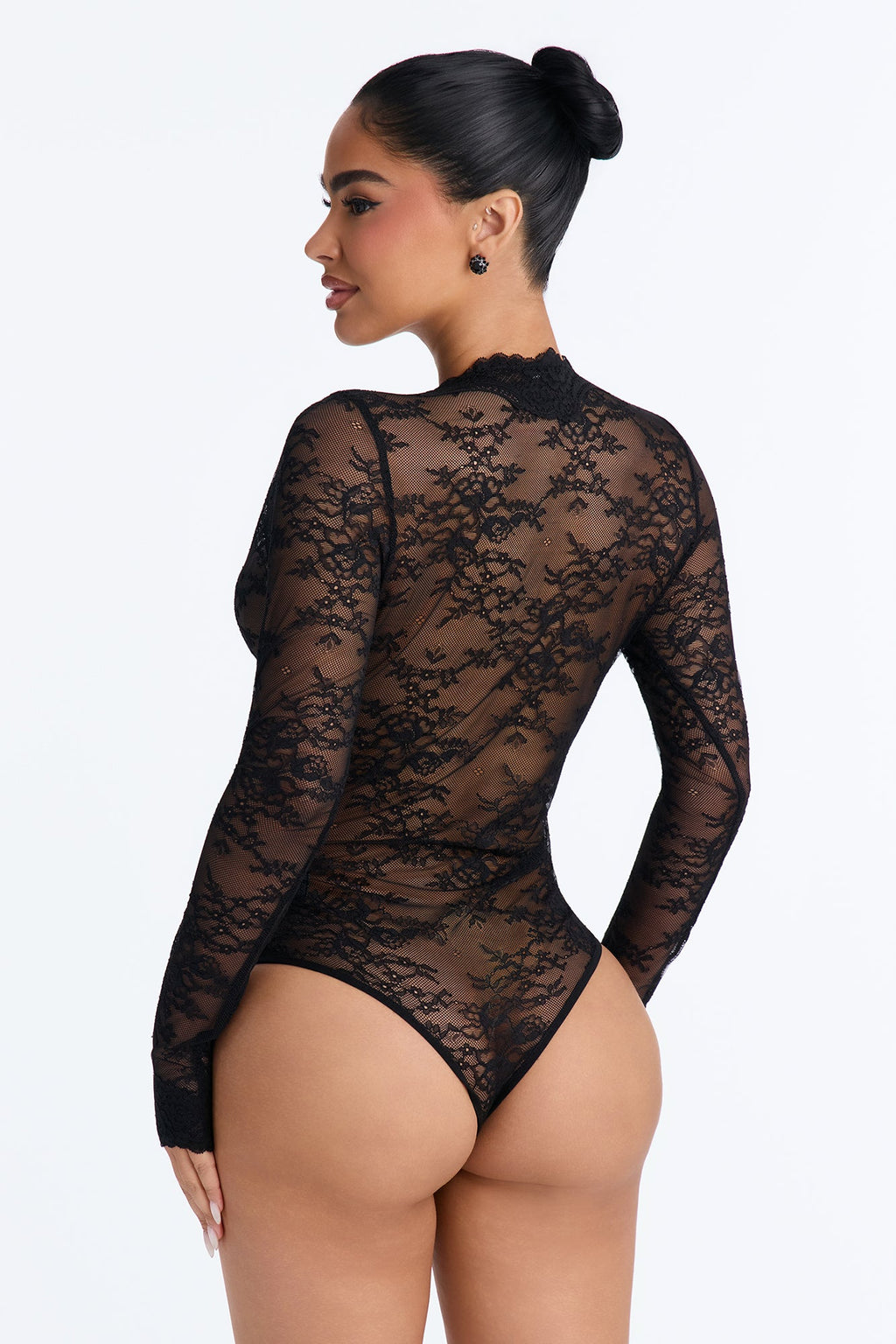 Hidden Desire Sheer Lace Long Sleeve Bodysuit - Black