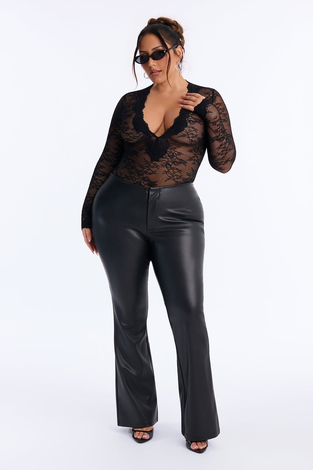 Hidden Desire Sheer Lace Long Sleeve Bodysuit - Black