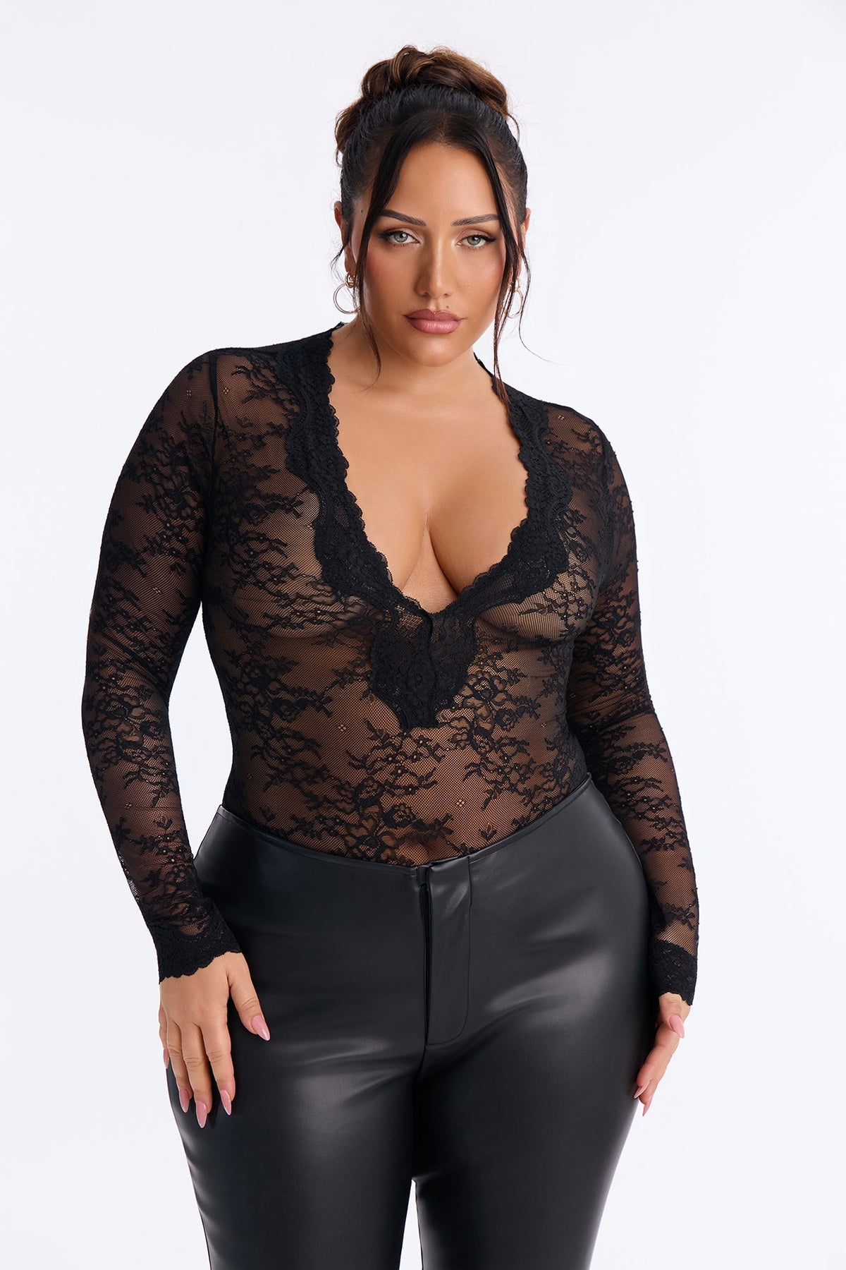 Hidden Desire Sheer Lace Long Sleeve Bodysuit - Black