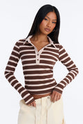 Koko Striped Ribbed Long Sleeve Polo - Brown/combo