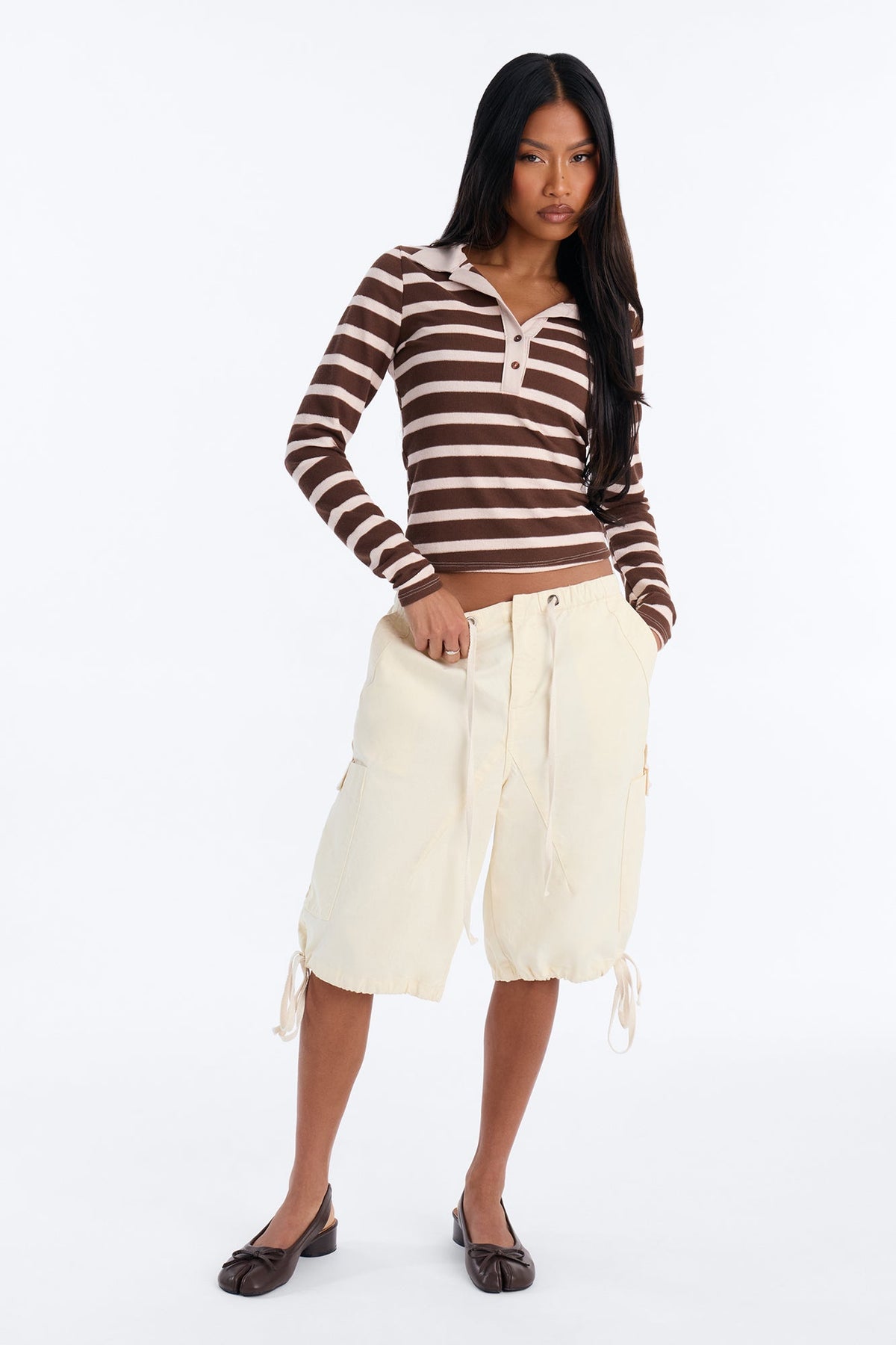 Koko Striped Ribbed Long Sleeve Polo - Brown/combo