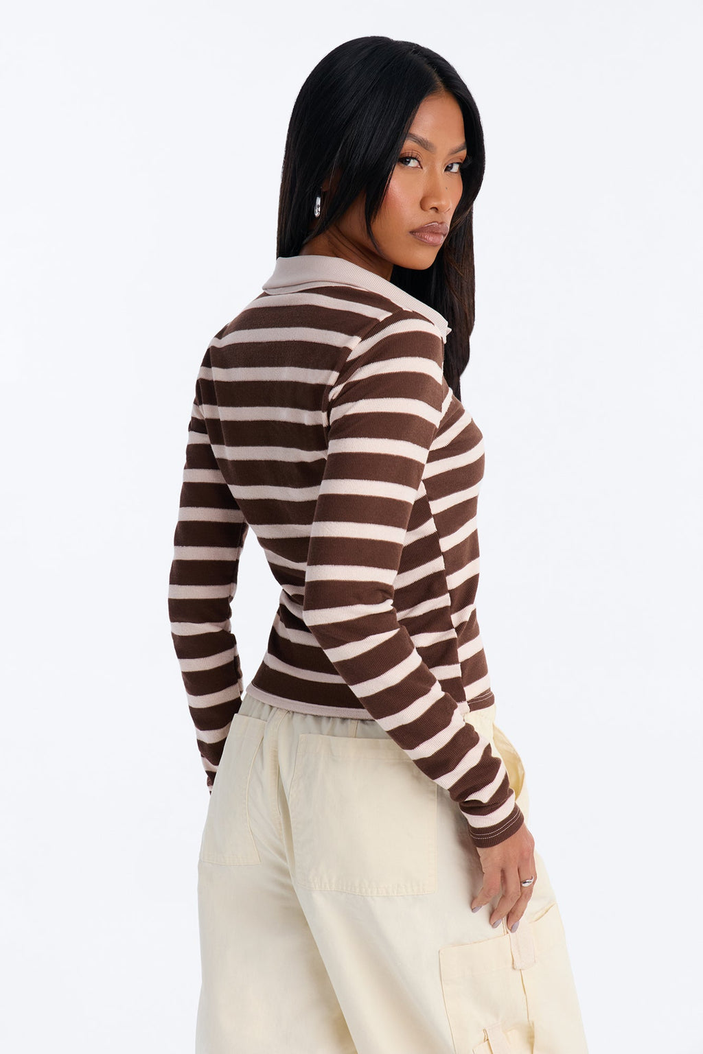 Koko Striped Ribbed Long Sleeve Polo - Brown/combo