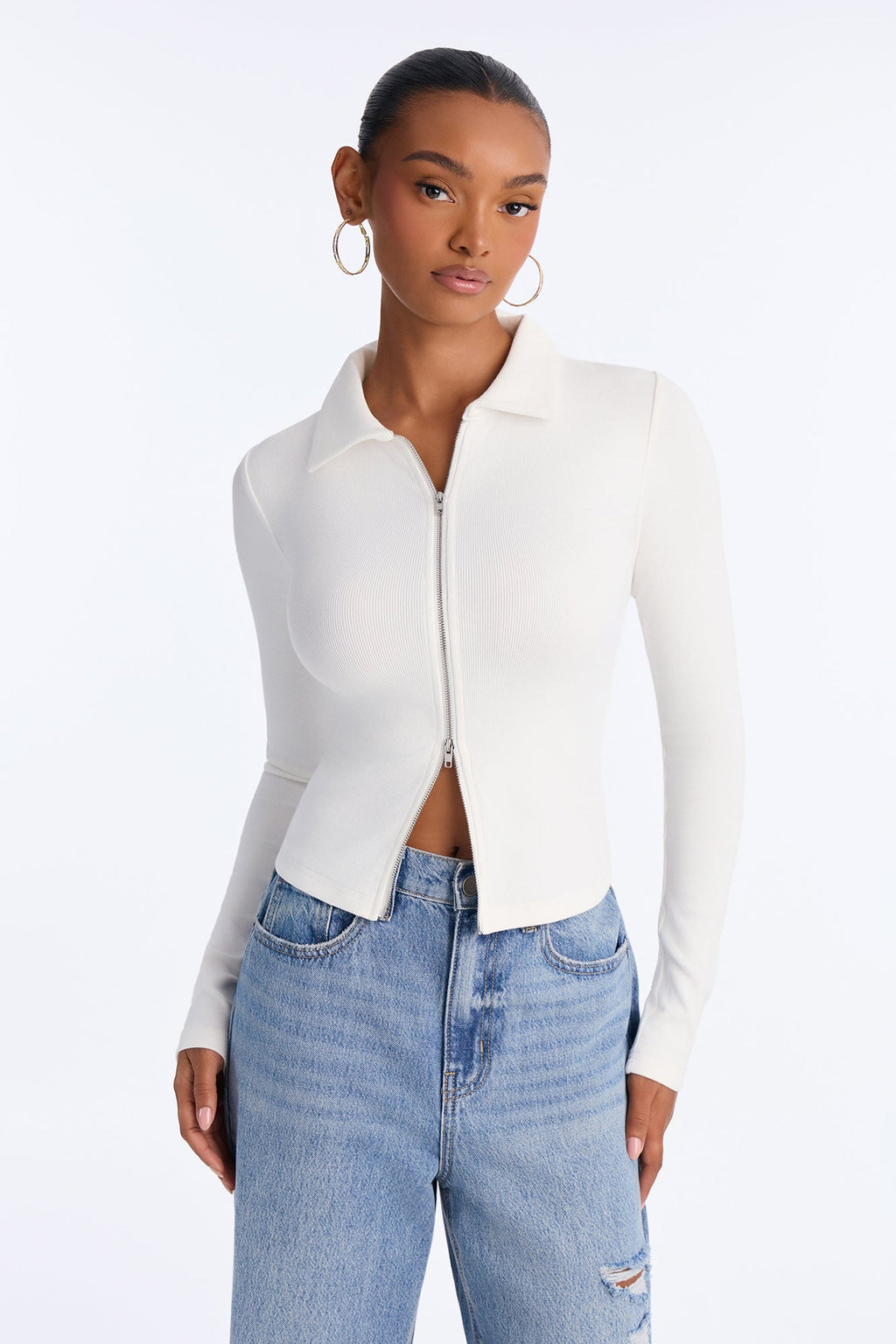 Ronnie Ribbed Double Zip Collared Long Sleeve Top - White