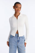 Ronnie Ribbed Double Zip Collared Long Sleeve Top - White