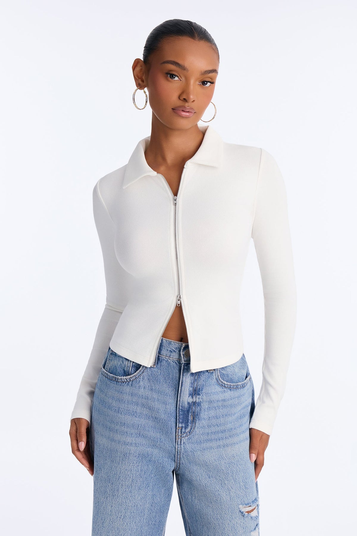 Ronnie Ribbed Double Zip Collared Long Sleeve Top - White