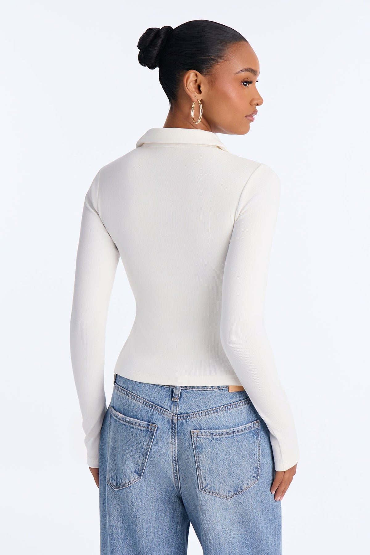 Ronnie Ribbed Double Zip Collared Long Sleeve Top - White