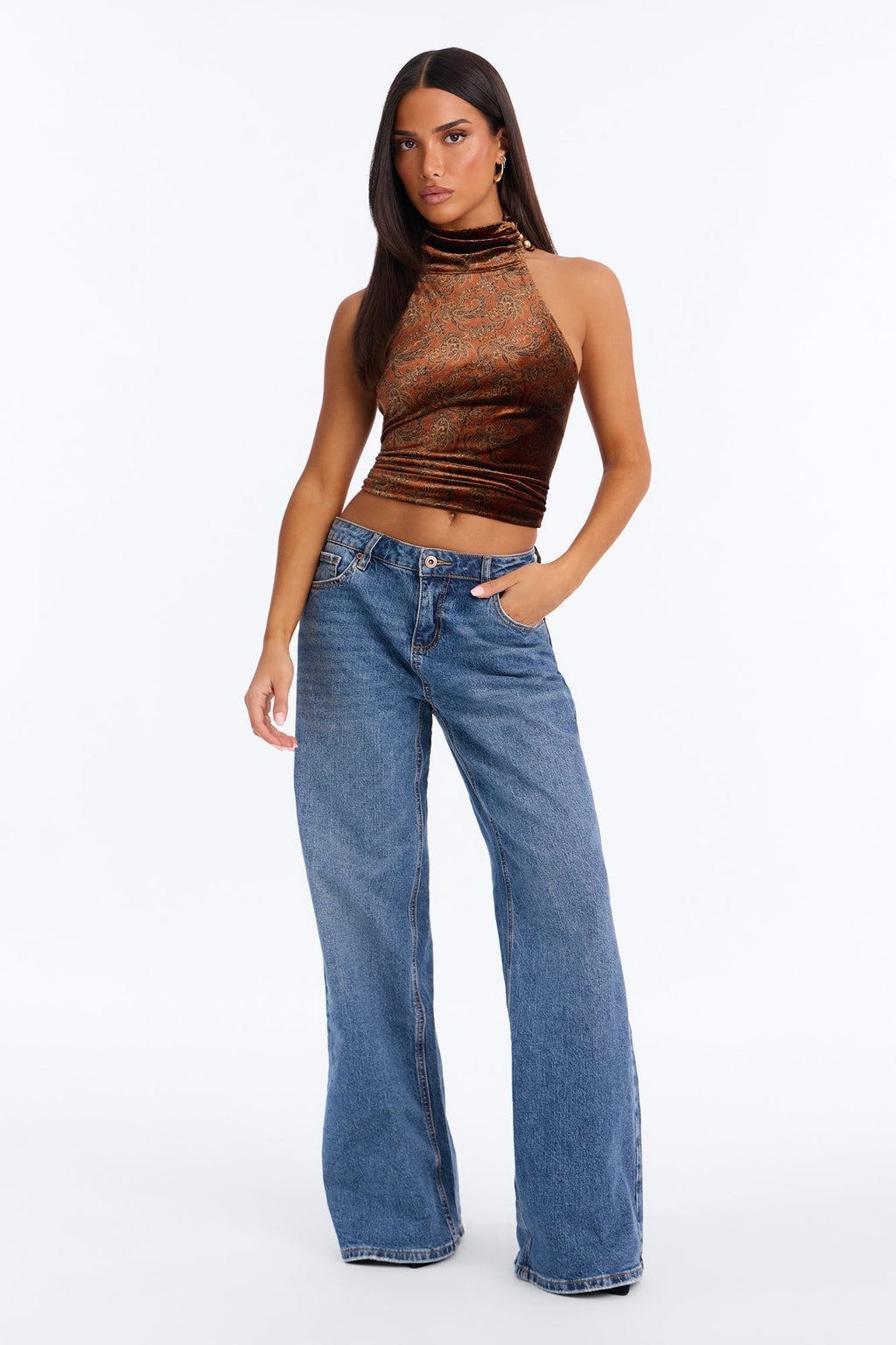 Rich Intentions Paisley Velvet Mock Neck Top - Rust/combo
