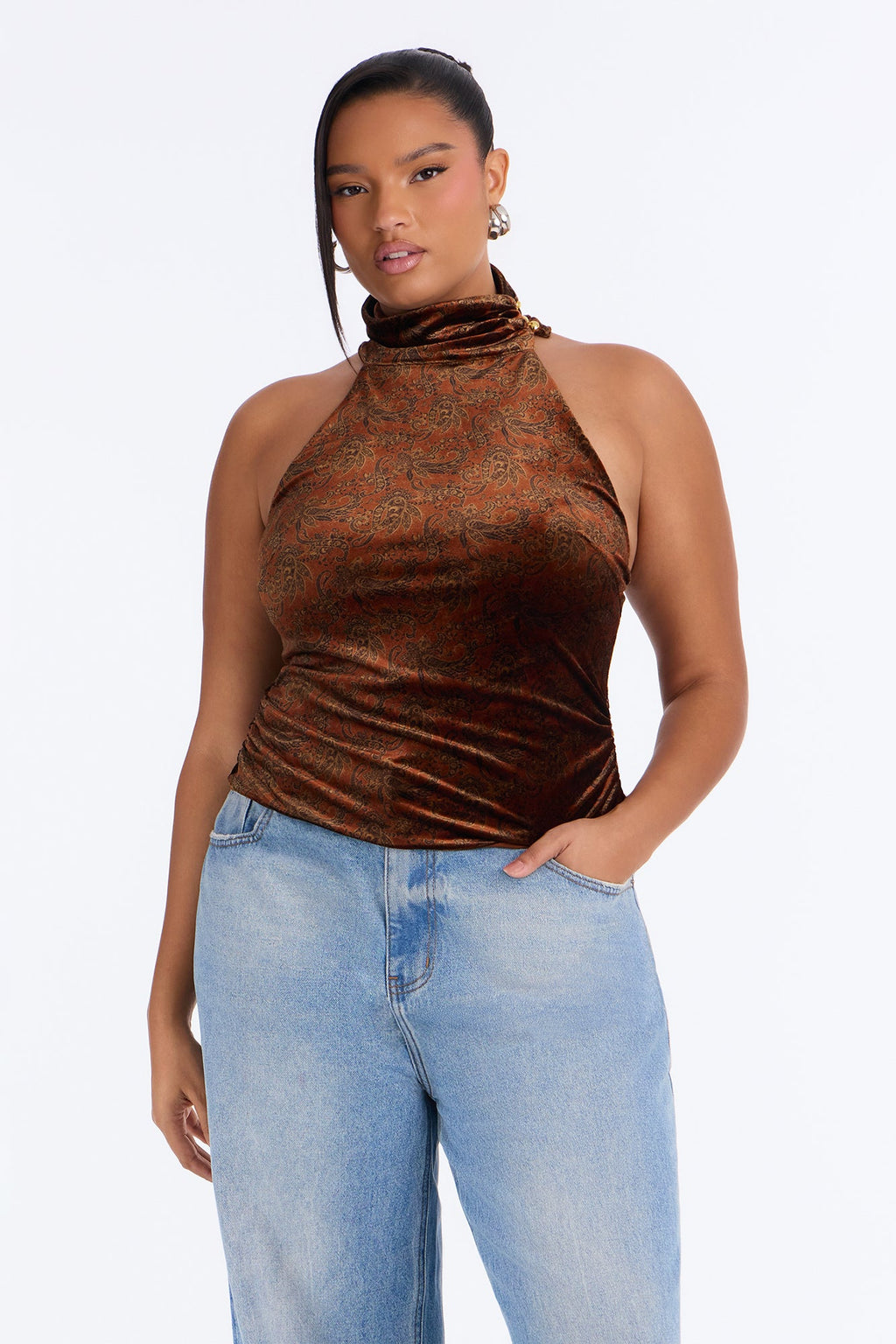 Rich Intentions Paisley Velvet Mock Neck Top - Rust/combo