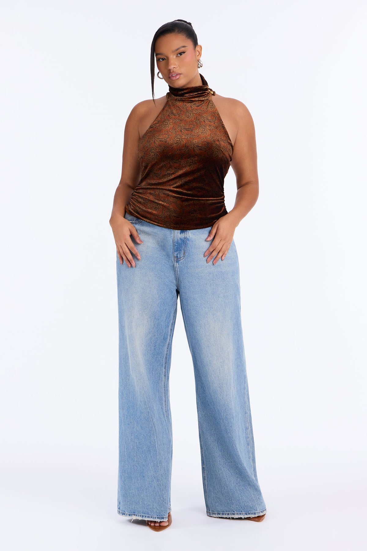 Rich Intentions Paisley Velvet Mock Neck Top - Rust/combo