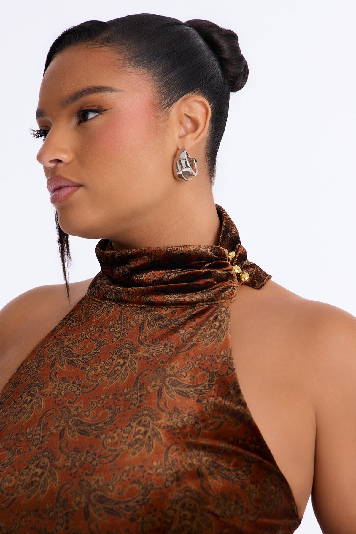 Rich Intentions Paisley Velvet Mock Neck Top - Rust/combo