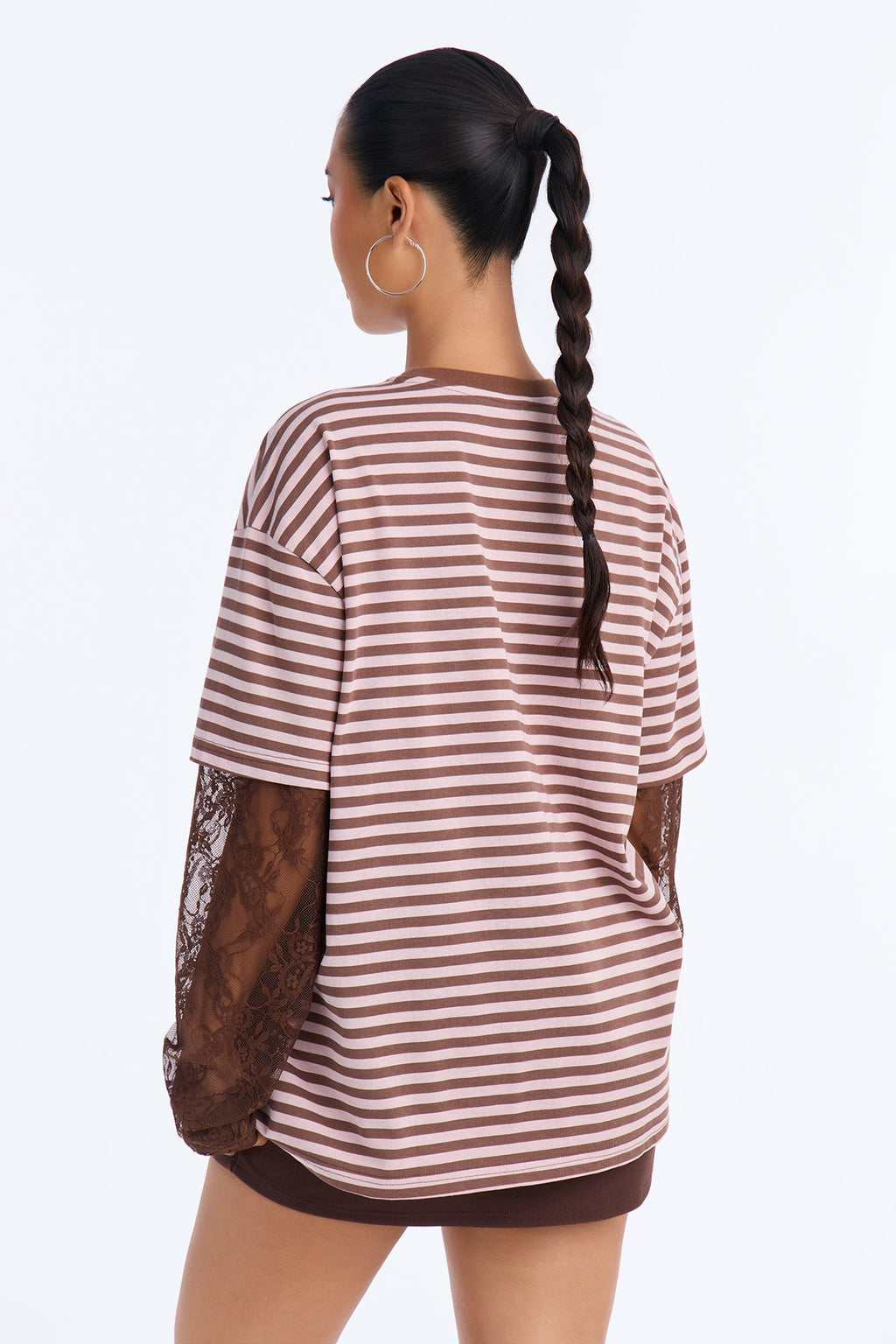 Trinity Striped Lace Layered Long Sleeve T-Shirt - Brown/combo