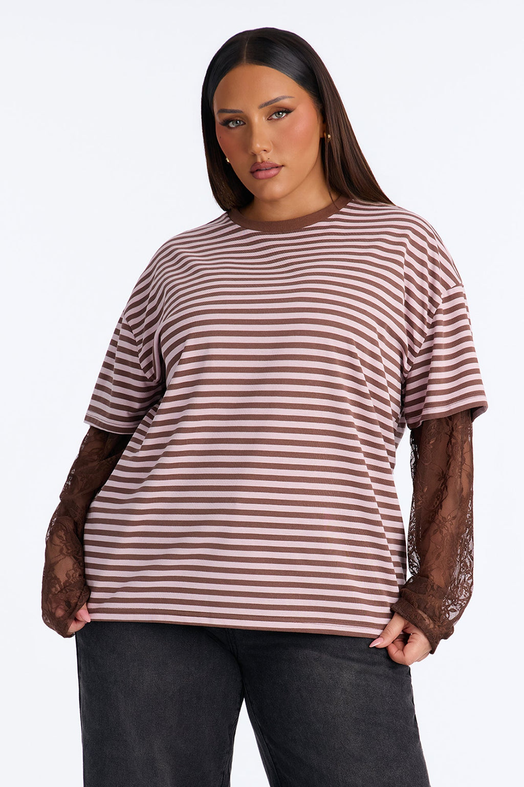 Trinity Striped Lace Layered Long Sleeve T-Shirt - Brown/combo