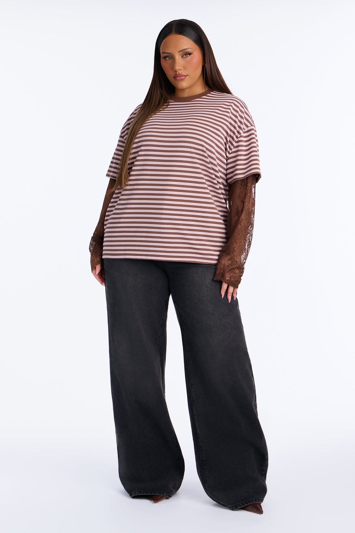 Trinity Striped Lace Layered Long Sleeve T-Shirt - Brown/combo
