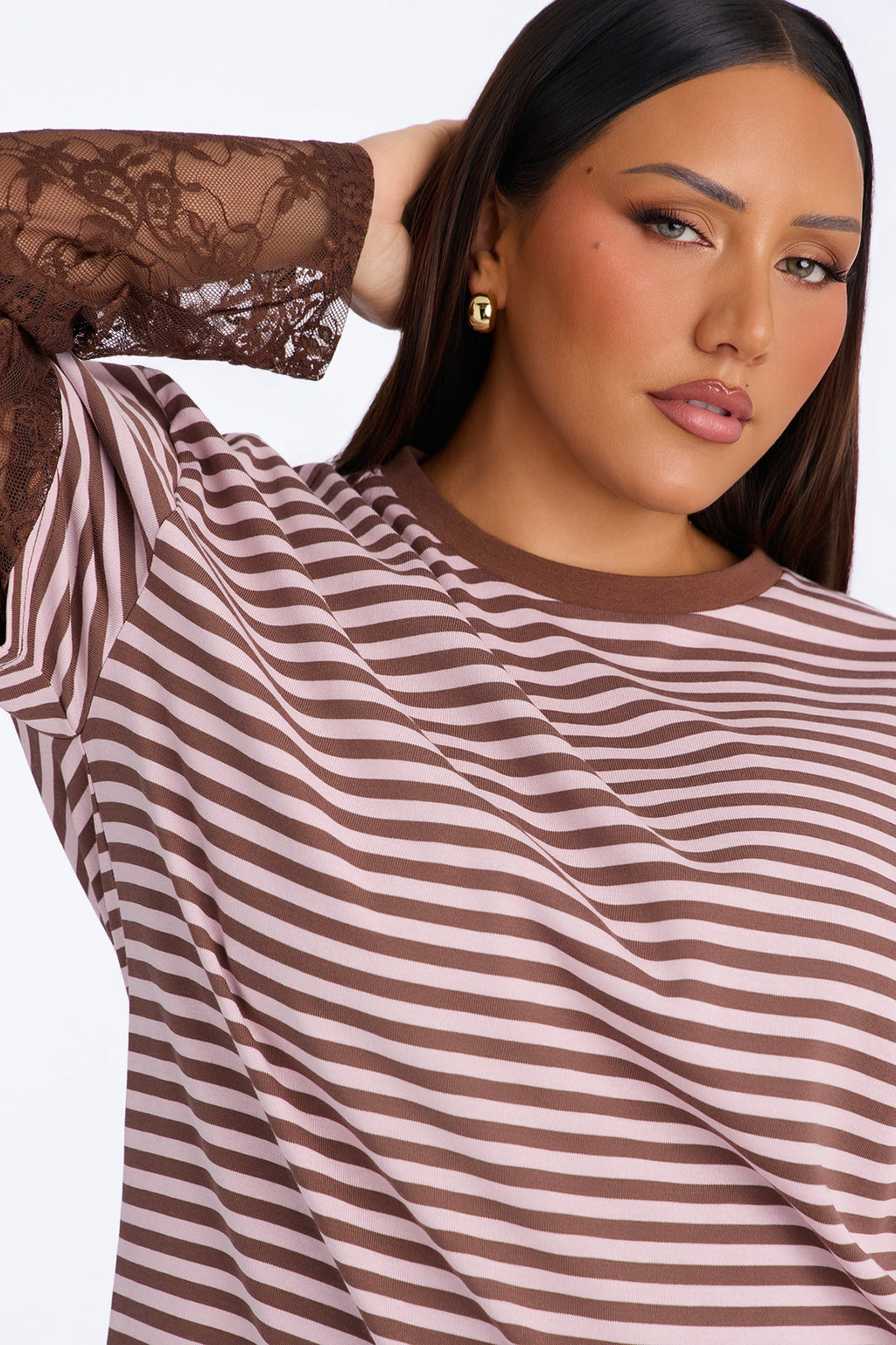 Trinity Striped Lace Layered Long Sleeve T-Shirt - Brown/combo