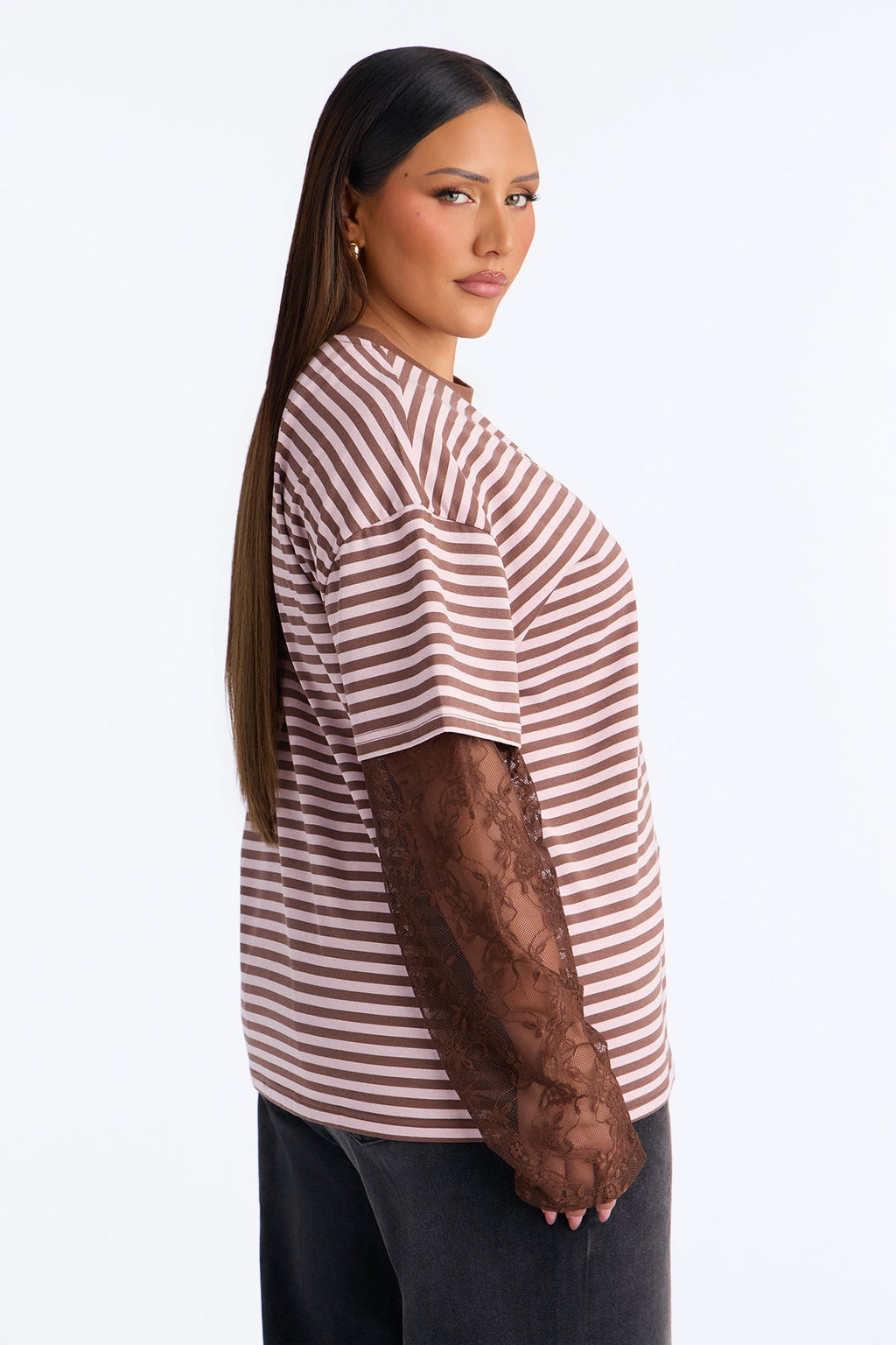 Trinity Striped Lace Layered Long Sleeve T-Shirt - Brown/combo